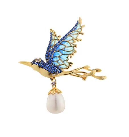 C00494 925 Sterling Silver Pearl Birdie Enamel Brooch