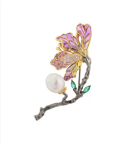 C00496 925 Sterling Silver Pearl Flower Enamel Brooch