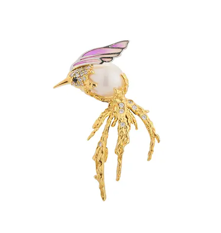 C00508 925 Sterling Silver Pearl Birdie Enamel Brooch