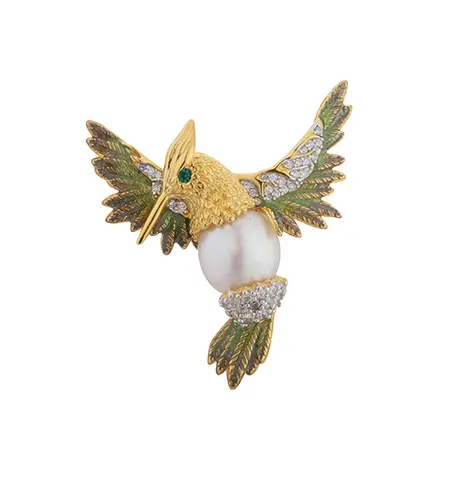 C00594 925 Sterling Silver Pearl Birdie Enamel Brooch