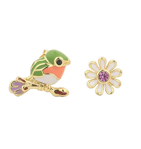 E07859 925 Sterling Silver Birdie and Flower Enamel Earring