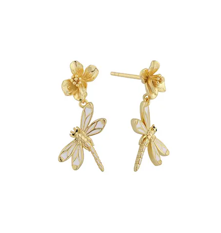PLE08080 925 Sterling Silver Dragonfly and Flower Enamel Earring