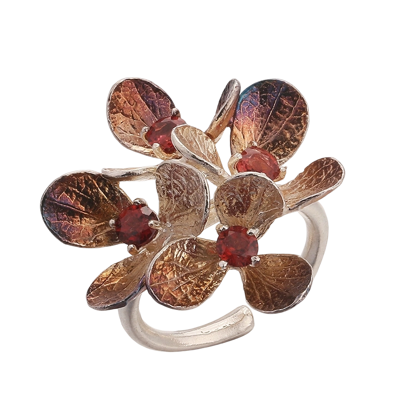R04237 925 Sterling Silver Flower Garnet Handmade Ring