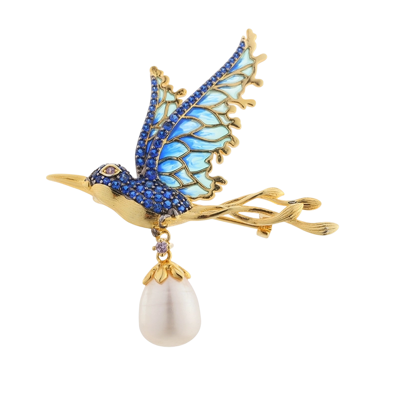 C00494 925 Sterling Silver Pearl Birdie Enamel Brooch