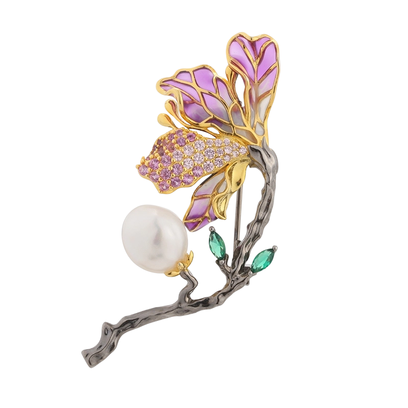 C00496 925 Sterling Silver Pearl Flower Enamel Brooch
