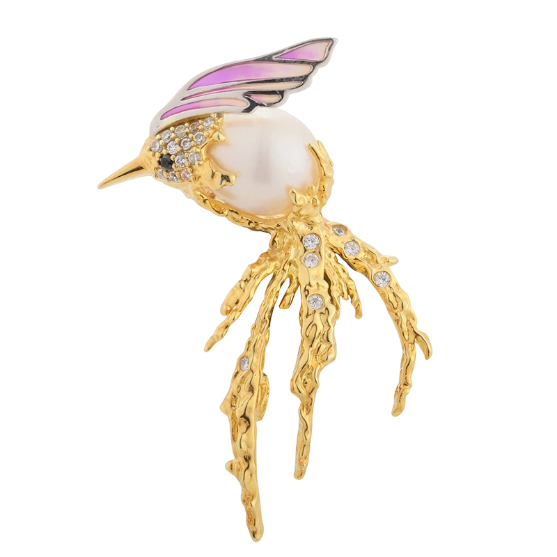 C00508 925 Sterling Silver Pearl Birdie Enamel Brooch