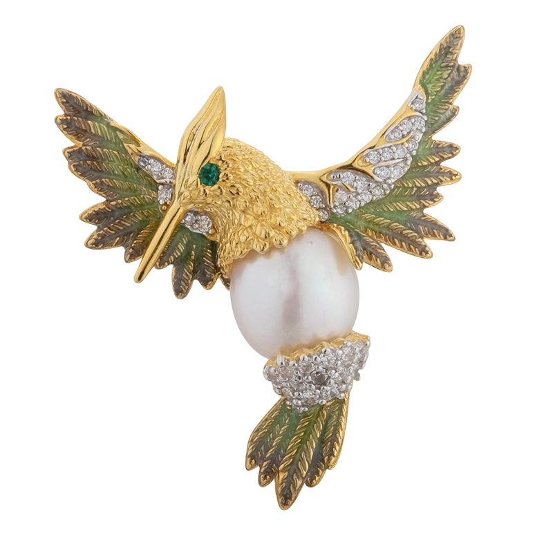 C00594 925 Sterling Silver Pearl Birdie Enamel Brooch