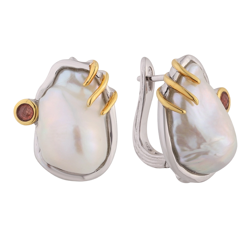 YE03283 925 Sterling Silver Garnet Baroque pearl Earring